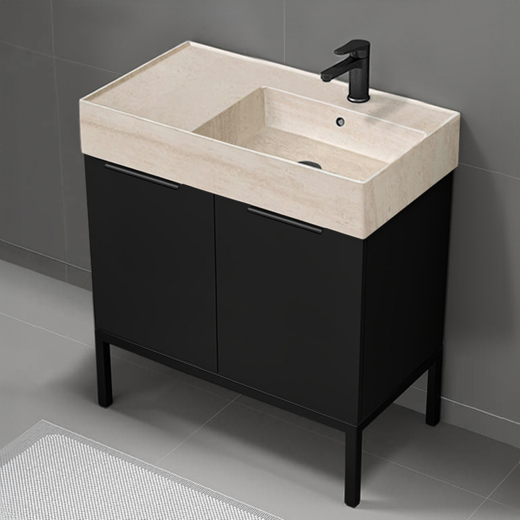 Nameeks DERIN860 Black Bathroom Vanity With Beige Travertine Design Sink, Modern, Free Standing, 32 Inch